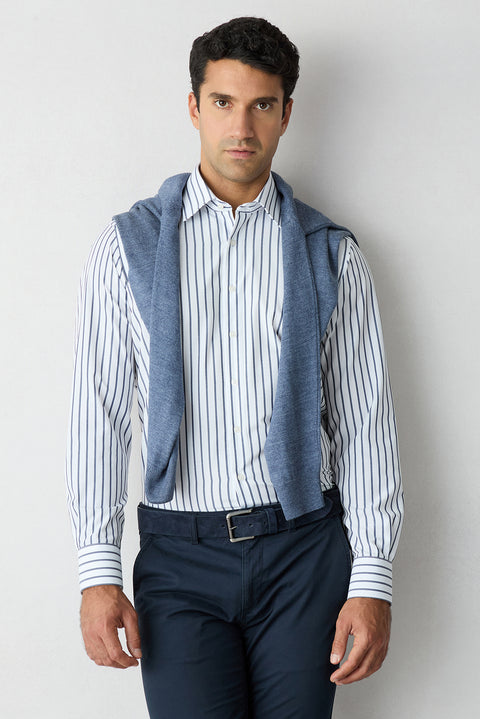 Dark Navy Long Sleeve Regular Fit Striped Shirt