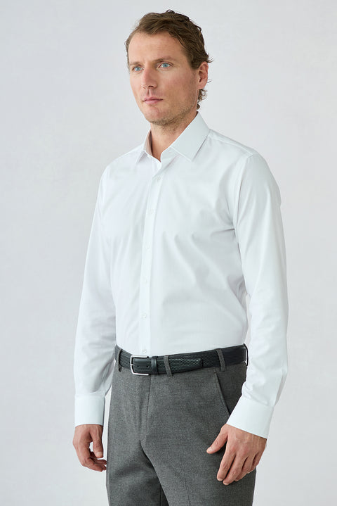 White Long Sleeve Slim Fit Ribbed Cotton Shirt