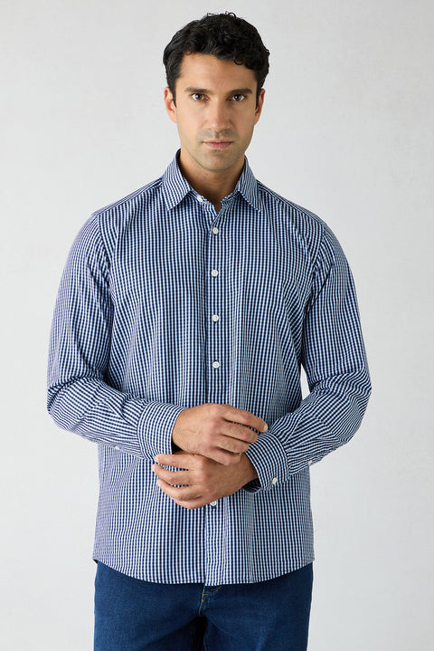 Medium Navy Blue Long Sleeve Regular Fit Plaid Cotton Shirt