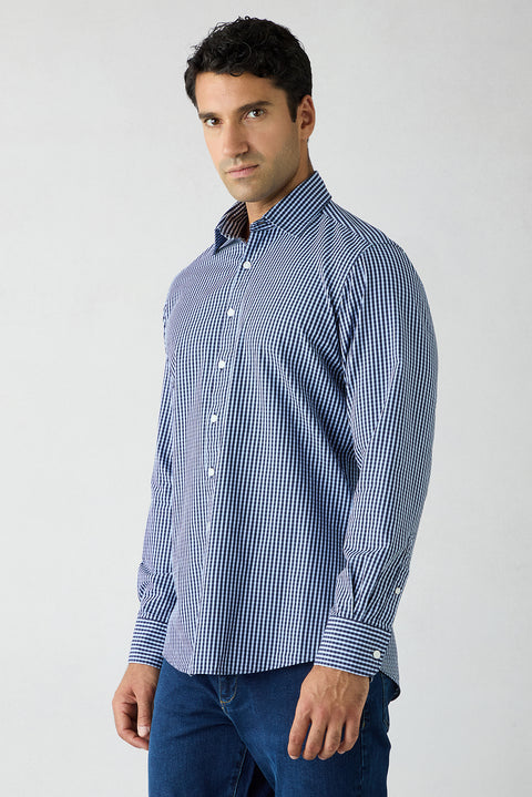 Medium Navy Blue Long Sleeve Regular Fit Plaid Cotton Shirt