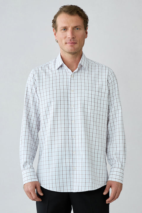 Medium Brown Long Sleeve Regular Fit Plaid Cotton Shirt