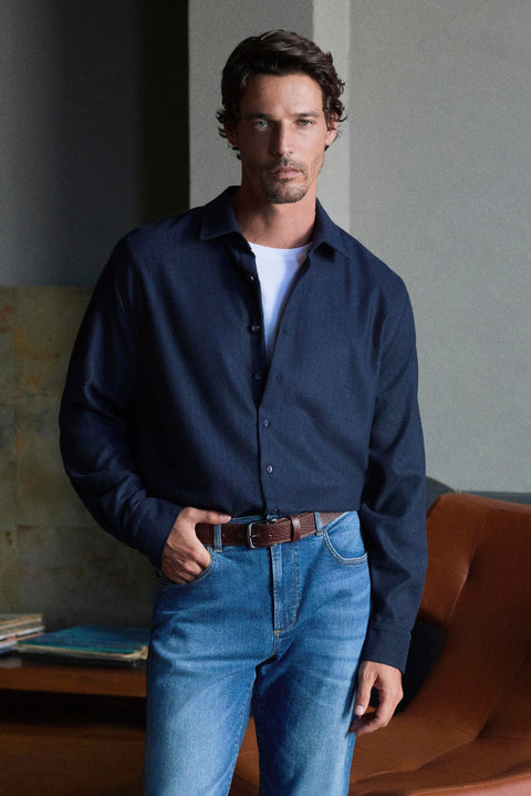 Dark Navy Long Sleeve Boxy Fit Flannel Striped Shirt