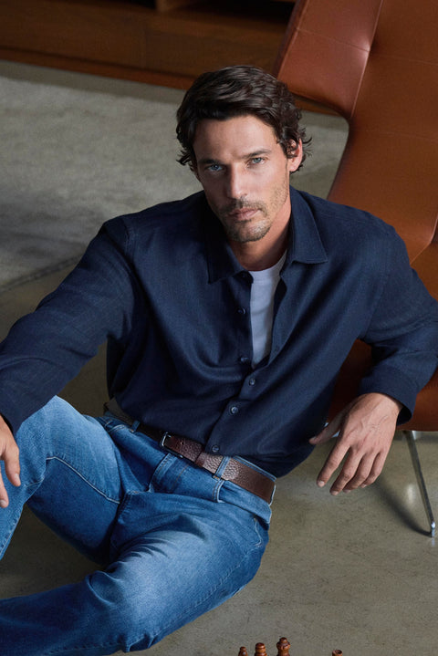 Dark Navy Long Sleeve Boxy Fit Flannel Striped Shirt