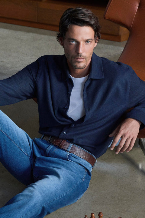 Dark Navy Long Sleeve Boxy Fit Flannel Striped Shirt