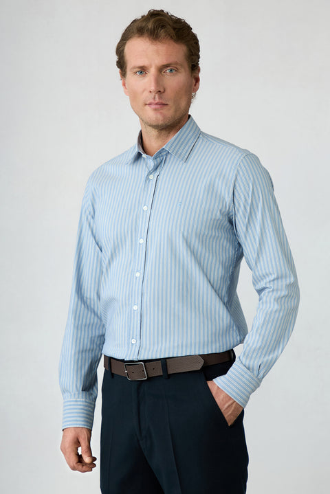 Havacı Mavi Uzun Kol Slim Fit Nakışlı Çizgili Pamuklu Spor Gömlek