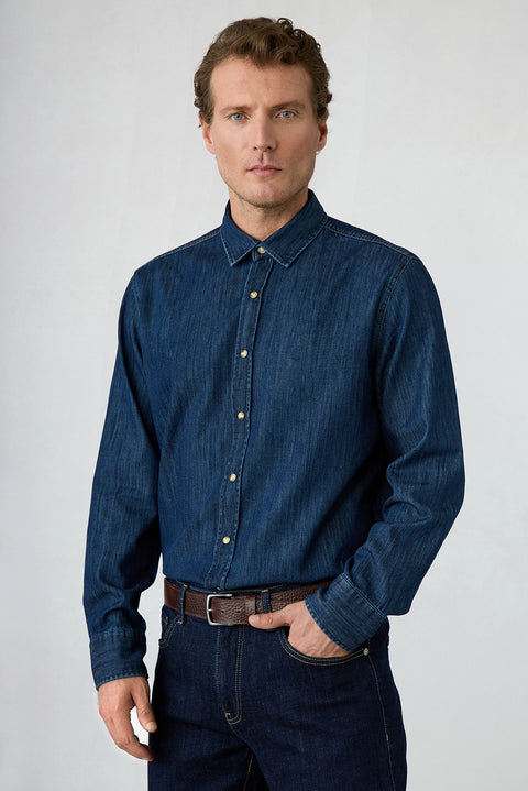 Koyu Lacivert Uzun Kol Regular Fit Denim Gömlek