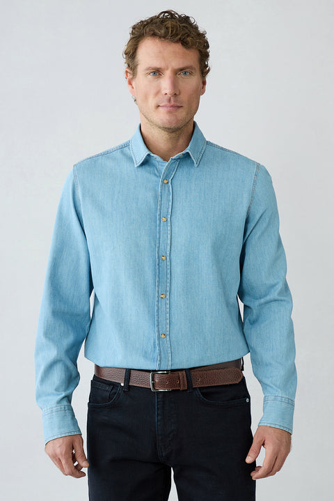 Light Blue Long Sleeve Regular Fit Denim Shirt