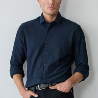 Dark Navy Long Sleeve Regular Fit Striped Cotton Shirt
