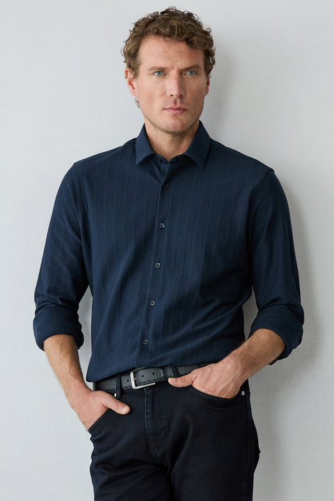 Dark Navy Long Sleeve Regular Fit Striped Cotton Shirt