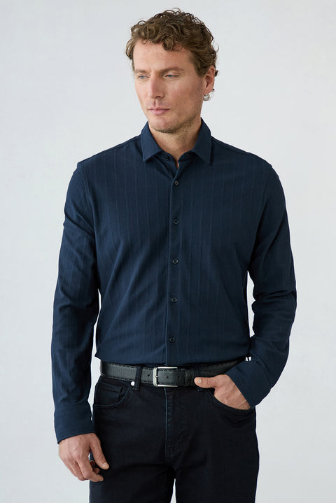 Dark Navy Long Sleeve Regular Fit Striped Cotton Shirt