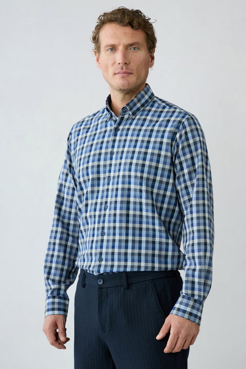 Mid-Navy Long Sleeve Regular Fit Plaid Cotton Shirt