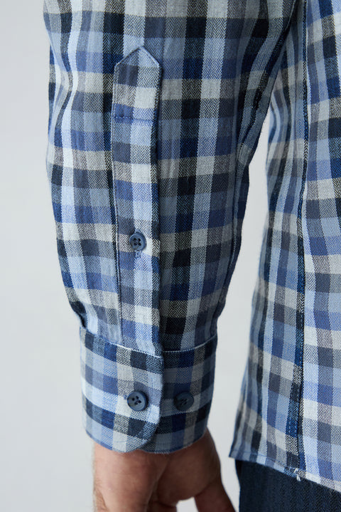 Mid-Navy Long Sleeve Regular Fit Plaid Cotton Shirt