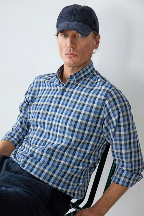 Mid-Navy Long Sleeve Regular Fit Plaid Cotton Shirt