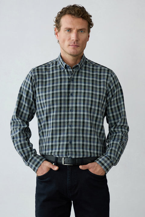 Khaki Long Sleeve Regular Fit Plaid Cotton Shirt