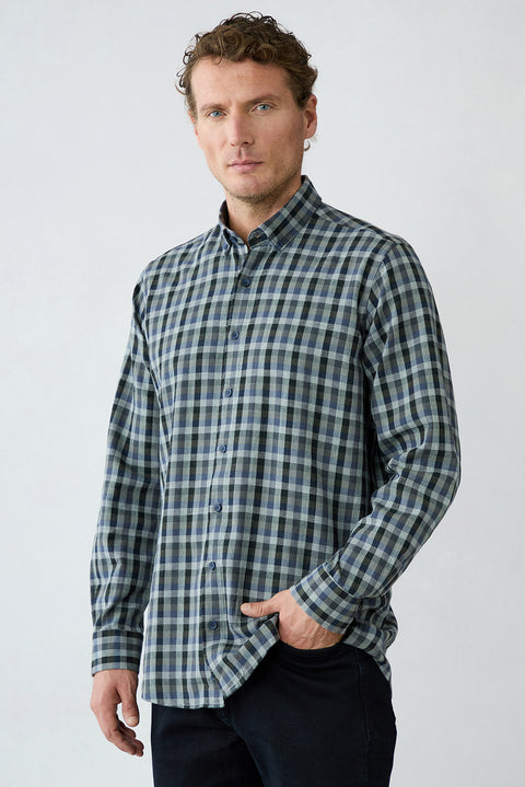 Khaki Long Sleeve Regular Fit Plaid Cotton Shirt