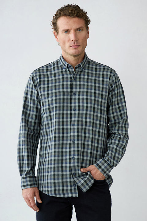 Khaki Long Sleeve Regular Fit Plaid Cotton Shirt