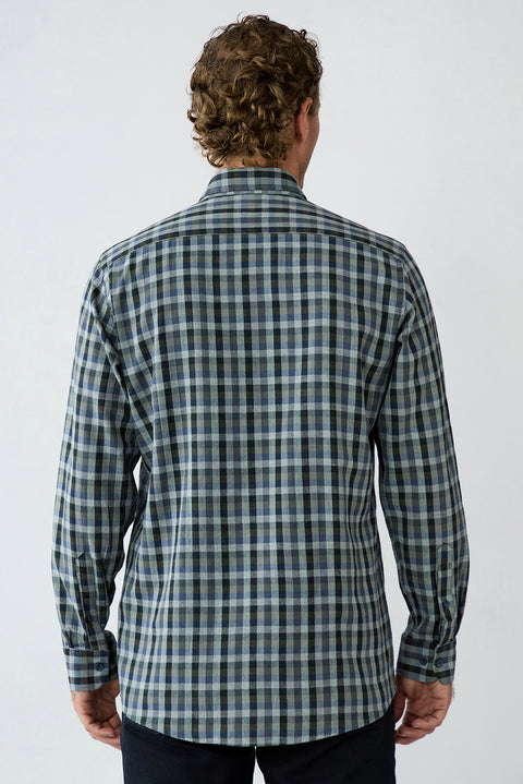 Khaki Long Sleeve Regular Fit Plaid Cotton Shirt