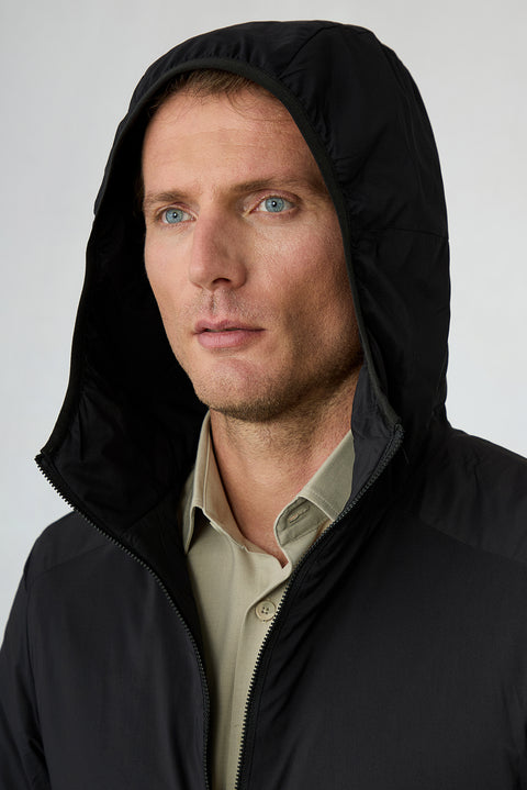 Black Regular Fit Plain Hooded Coat