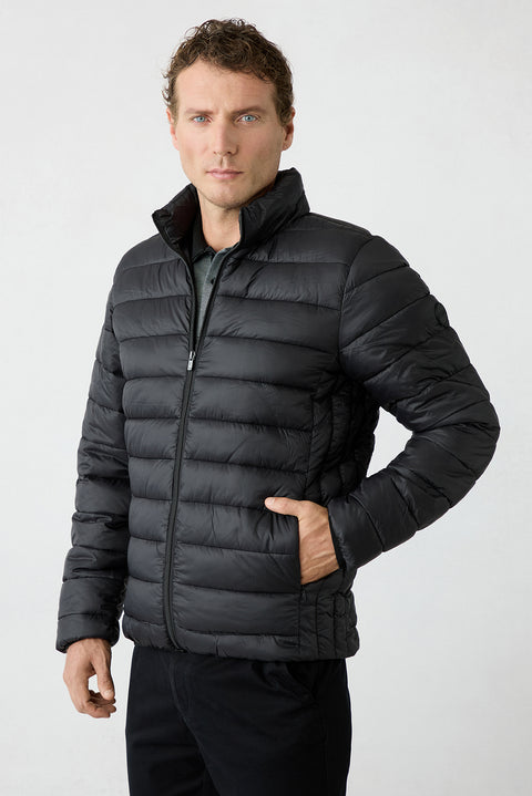 Black Regular Fit Stand-Up Collar Plain Quilted Casual Jacket