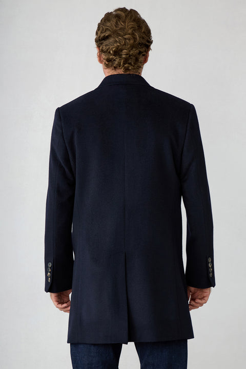 Dark Navy Regular Fit Notch Lapel Plain Wool & Cashmere Blend Coat