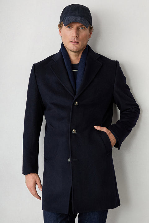 Dark Navy Regular Fit Notch Lapel Plain Wool & Cashmere Blend Coat