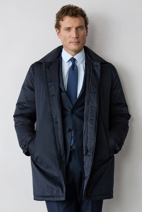 Dark Navy Regular Fit Plain Bonded Overcoat
