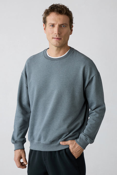 Orta Antrasit Bisiklet Yaka Regular Fit Oversize Pamuklu Basic Sweatshirt