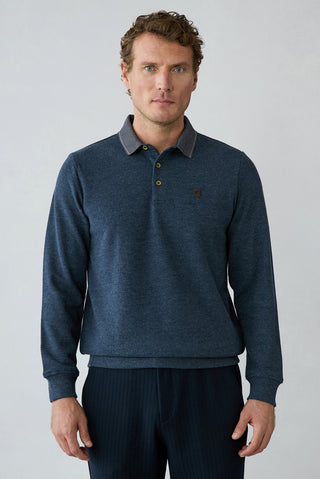 Orta Lacivert Melanj Polo Yaka Regular Fit Pamuklu Sweat Shirt