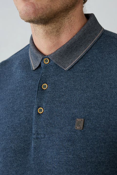 Mid Navy Mélange Polo Neck Regular Fit Cotton Sweatshirt
