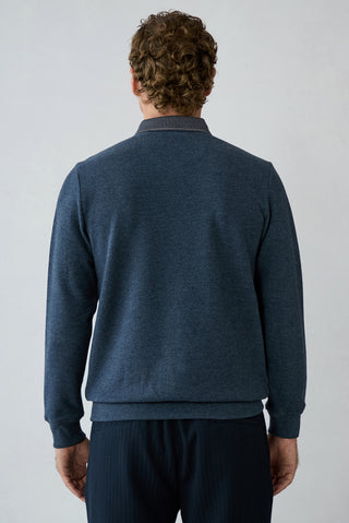 Orta Lacivert Melanj Polo Yaka Regular Fit Pamuklu Sweat Shirt
