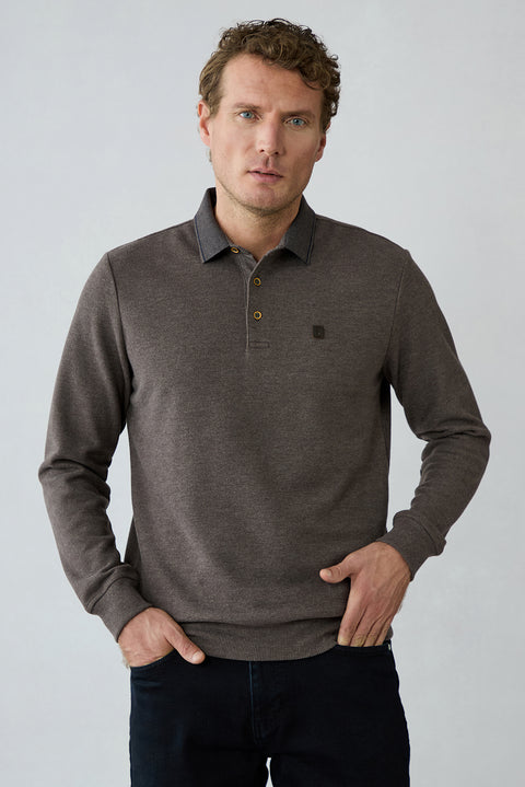 Light Brown Melange Polo Neck Regular Fit Cotton Sweatshirt