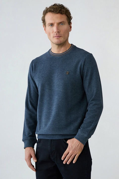 Medium Navy Mélange Crew Neck Regular Fit Cotton Sweatshirt