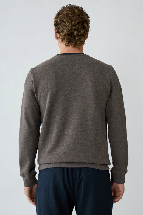 Light Brown Mélange Crew Neck Regular Fit Cotton Sweatshirt