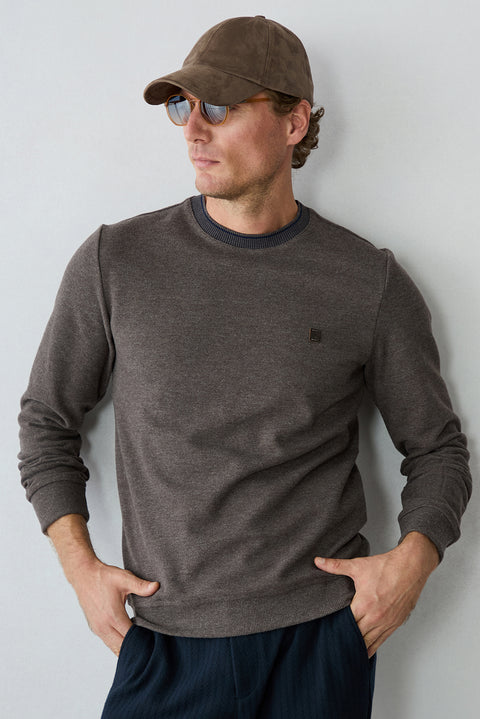 Light Brown Mélange Crew Neck Regular Fit Cotton Sweatshirt