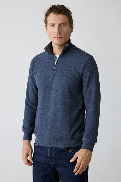 Mid Navy Melange Boat Neck Regular Fit Cotton Sweatshirt