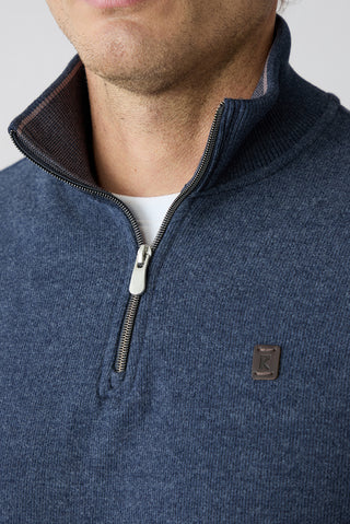Orta Lacivert Melanj Yarım Balıkçı Yaka Regular Fit Fermuarlı Fırçalı Selanik Sweatshirt