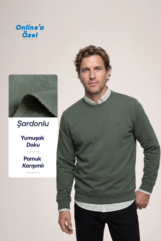 Orta Haki Bisiklet Yaka Regular Fit Pamuklu Şardonlu Sıcak Tutan Basic Sweatshirt