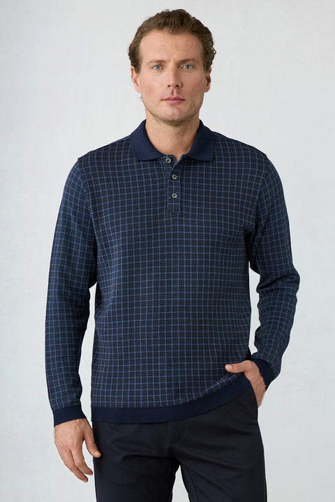 Koyu Lacivert Polo Yaka Regular Fit Ekose Merserize Pamuk Ribana Detaylı Sweatshirt