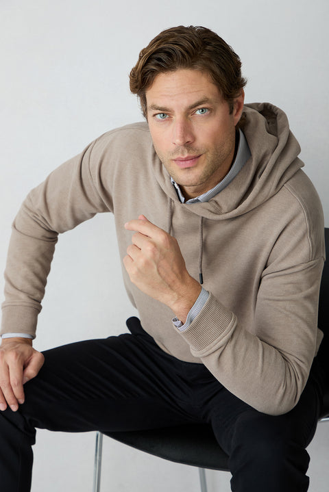 Light Brown Melange Oversize Plain Hooded Cotton Sweatshirt
