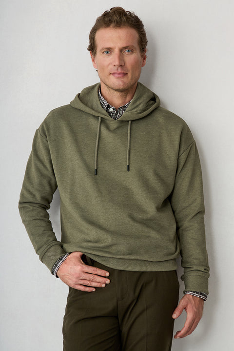 Medium Khaki Mélange Oversized Plain Hooded Cotton Sweatshirt