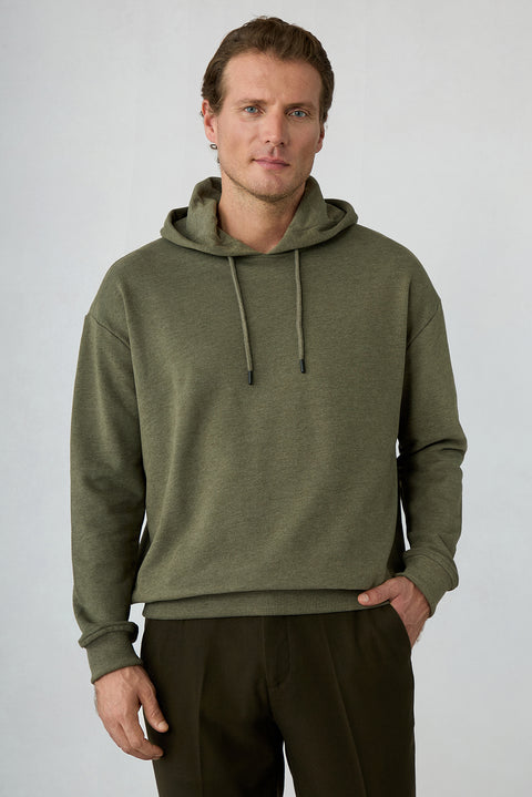 Medium Khaki Mélange Oversized Plain Hooded Cotton Sweatshirt