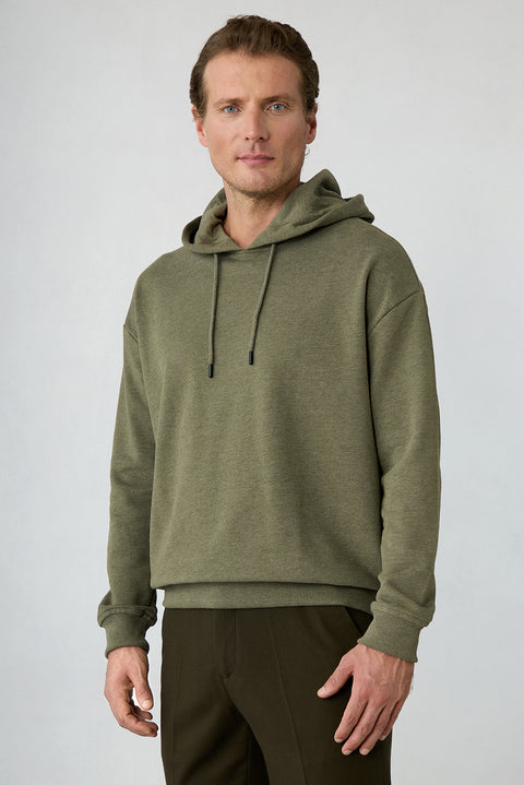 Medium Khaki Mélange Oversized Plain Hooded Cotton Sweatshirt