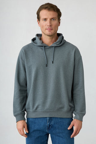 Orta Antrasit Oversize Düz Kapüşonlu Pamuklu Sweatshirt