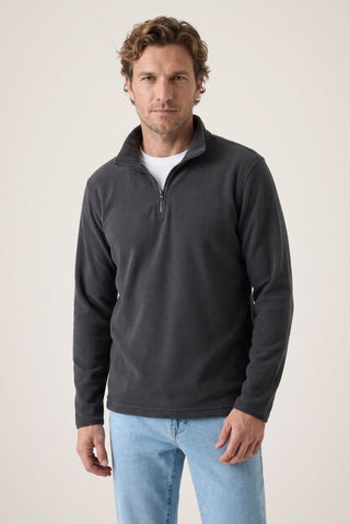 Orta Antrasit Fermuarlı Bato Yaka Regular Fit Polar Sweatshirt