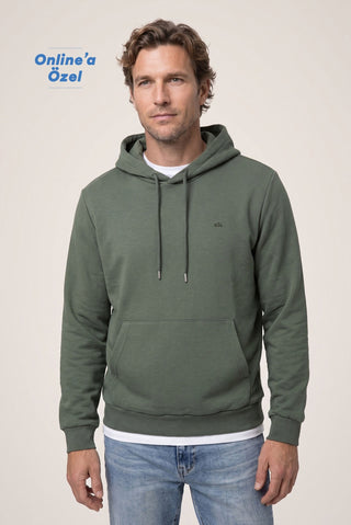 Orta Haki Kapüşonlu Regular Fit Pamuklu Cepli Sweatshirt