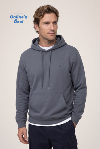 Orta Antrasit Kapüşonlu Regular Fit Pamuklu Cepli Sweatshirt