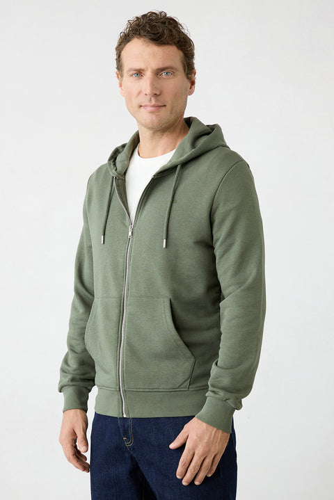 Medium Khaki Hooded Zippered Regular Fit Sweatshirt