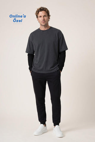 Siyah Beli Lastikli İpli Cepli Pamuklu Sweatpant / Eşofman Altı
