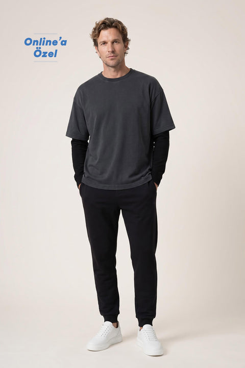 Black Regular Fit Cotton Sweatpants with Drawstring Waist