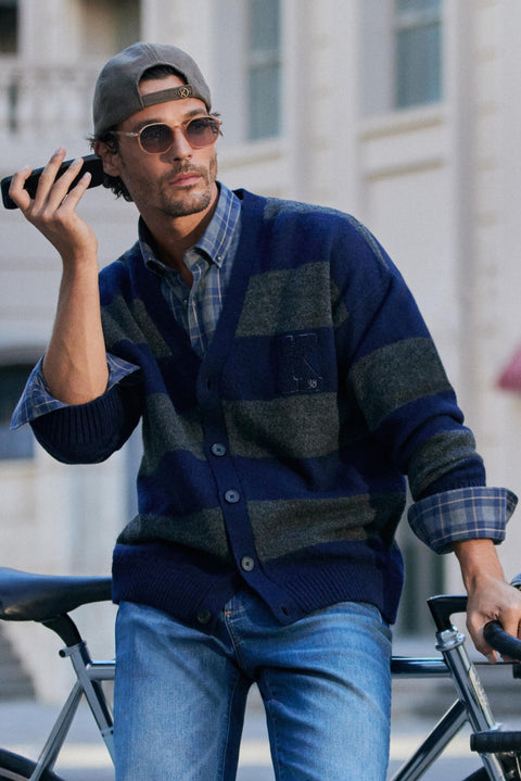 Koyu Lacivert V Yaka Oversize Fit Çizgili Pamuklu Triko Hırka